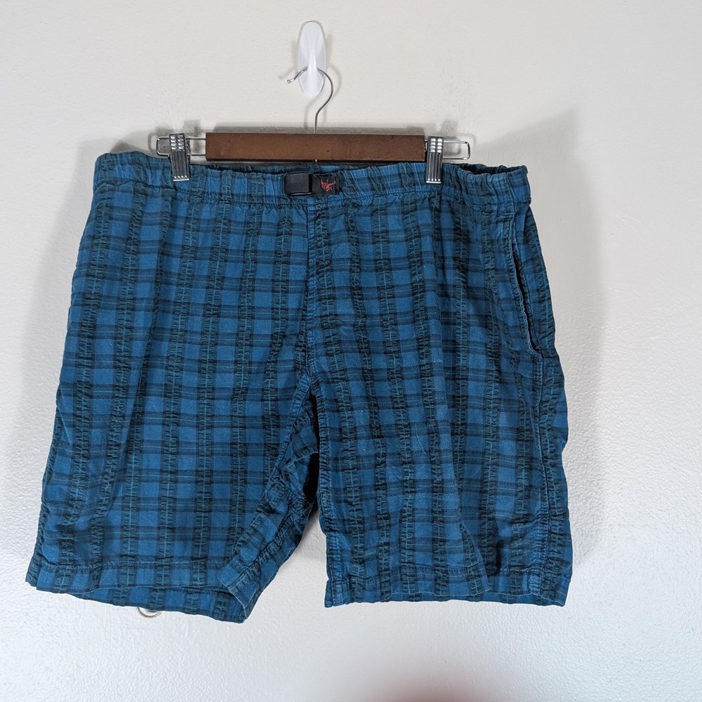 Gramicci Mens L Lagoon Blue Plaid Seersucker G-Shorts Climbing Hiking Belted
